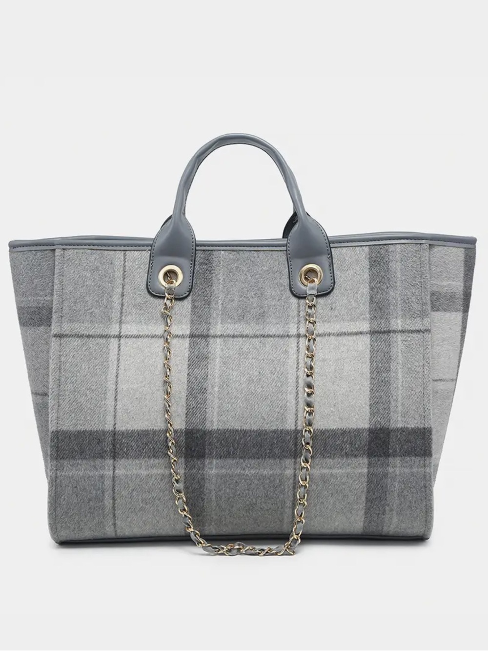 ShopEvelynne Grey Plaid Chain-Detail Tote
